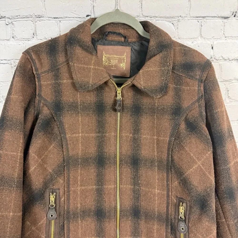 Ruff Hewn Full Zip Jacket Wool Blend Elbow Patch Womens L Brown Plaid Zip Pocket - Picture 5 of 13